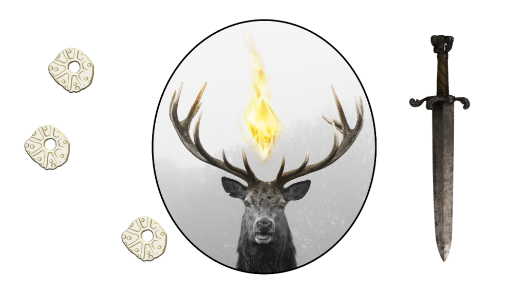 3 gold coins, a stag with a fire between its antlers and a hunting dagger - how I think of Trophy Gold....