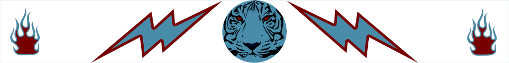 Psychic Tiger Fodder logo with a blue tiger with red eyes and a blue and red lightning bolts and red and blue fire as a subject divider. 
